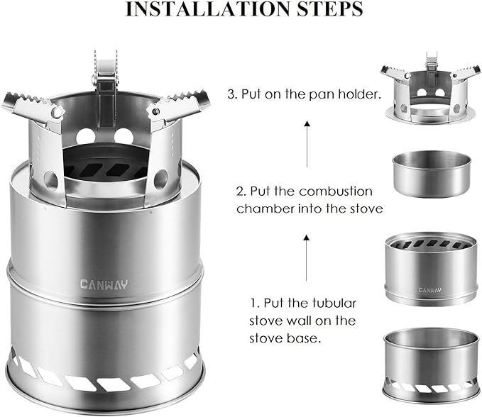 CANWAY Camping Stove, Wood Stove/Backpacking Survival Stove, Windproof Anti-Slip Portable Stainless Steel Wood Burning Stove with Nylon Carry Bag for Outdoor Backpacking Hiking Traveling Picnic BBQ