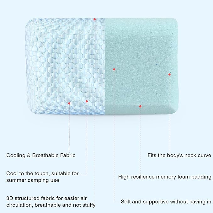 HOMBYS Cooling Camping Pillow Lightweight, Memory Foam Travel Pillow with Easy to Carry Portable Bag, Strap Designed for Secure, Suitable for Beach, Camp,Travel, Hammock, Light Blue