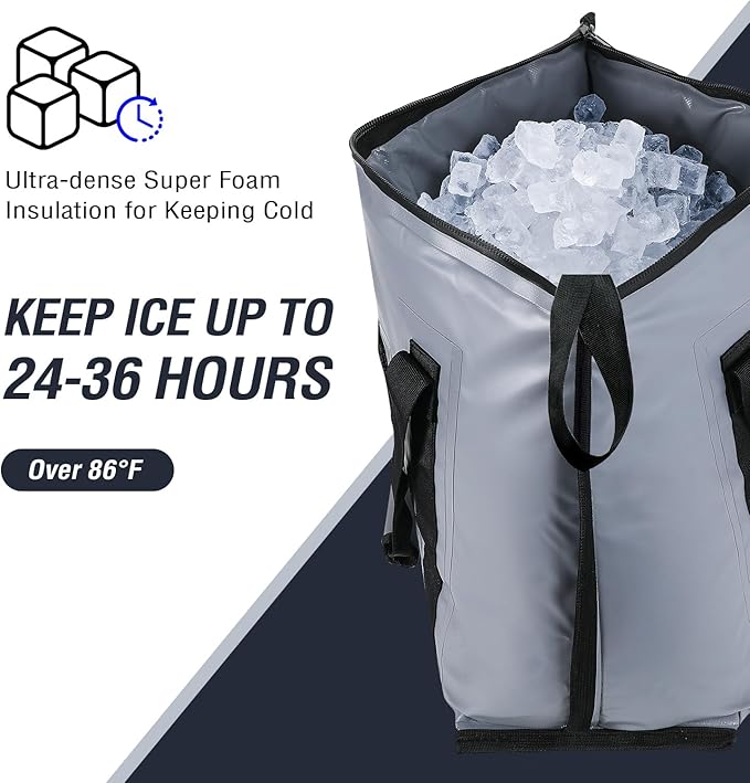 Buffalo Gear Insulated Fish Cooler - 27.5QT 58QT Waterproof Flat Bottom Bag, Leakproof and Fishing Kill Bag