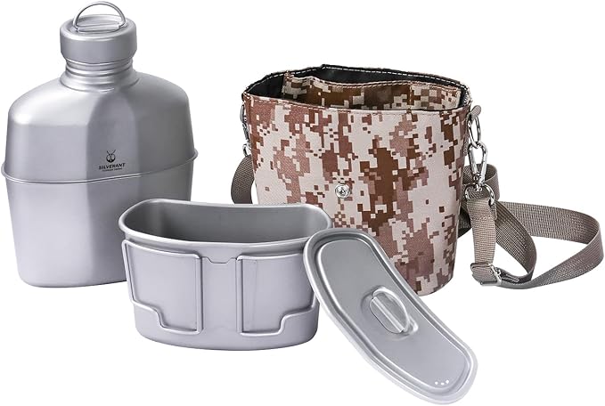 Camping Canteen Titanium Military Canteen Mess Kit Ultralight Camping Mug with Carry Pouch & Cup Foldable Handle -Bottle 1000ml, Cup 600ml