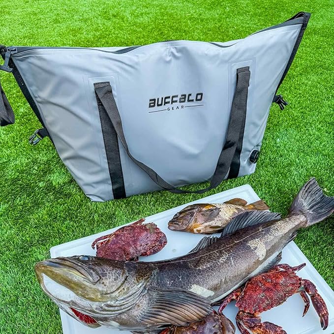 Buffalo Gear Insulated Fish Cooler - 27.5QT 58QT Waterproof Flat Bottom Bag, Leakproof and Fishing Kill Bag