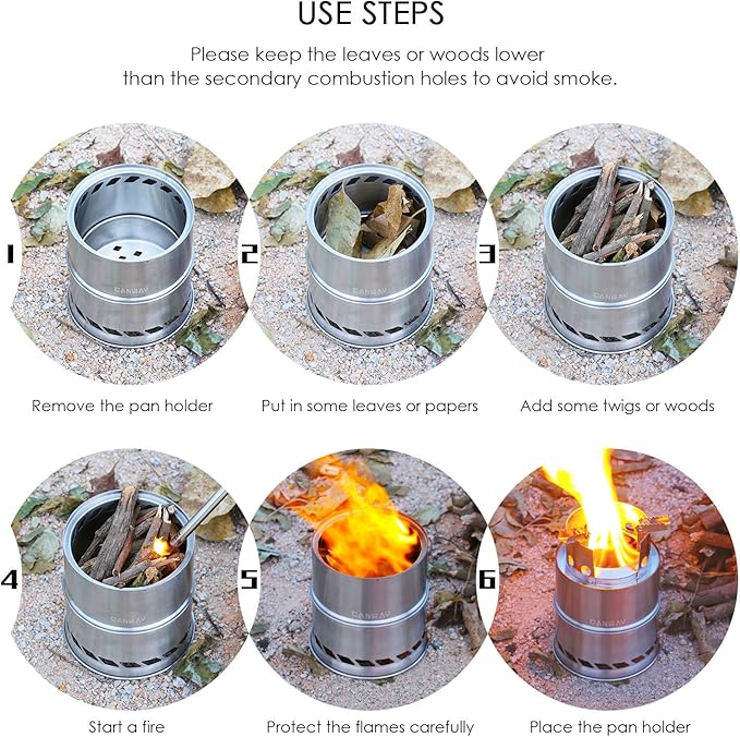 CANWAY Camping Stove, Wood Stove/Backpacking Survival Stove, Windproof Anti-Slip Portable Stainless Steel Wood Burning Stove with Nylon Carry Bag for Outdoor Backpacking Hiking Traveling Picnic BBQ