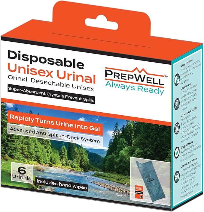 Prepwell Disposable Unisex Urinal Bags- Immediately Turns Urine into Gel with Super Absorbent Crystals to Prevent Spills- 6 Urinals with Hand Wipes Included