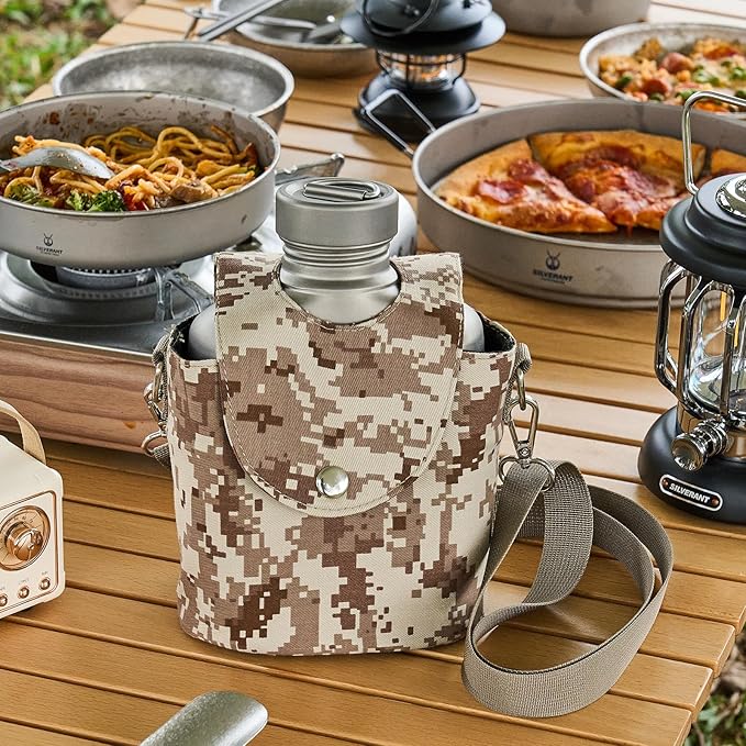 Camping Canteen Titanium Military Canteen Mess Kit Ultralight Camping Mug with Carry Pouch & Cup Foldable Handle -Bottle 1000ml, Cup 600ml
