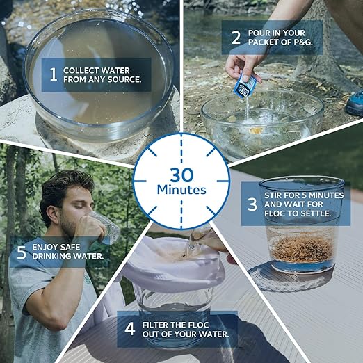 P&G Purifier of Water Portable Water Purifier Packets (Box of 240 Packets). Emergency Water Filter Purification Powder Packs for Camping, Hiking, Backpacking, Hunting, and Traveling.