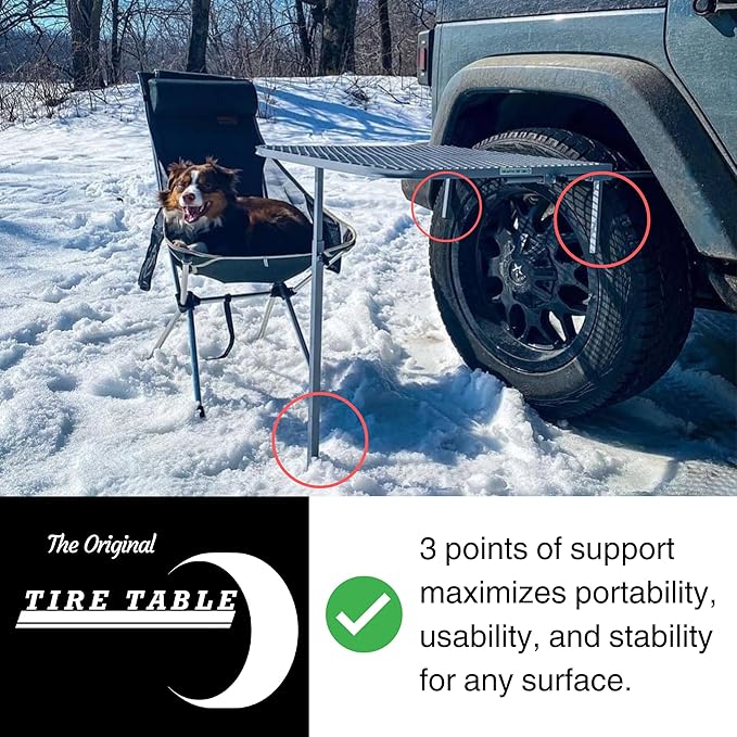 Vehicle Tire-Mounted Camping, Travel, Tailgating, Overlanding and Outdoor Work Table, Aluminum, Large (33.5" x 28" x 1.5"), Black