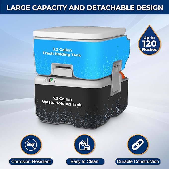 SereneLife Portable Toilet with Carry Bag – Indoor Outdoor Toilet with CHH Piston Pump & Level Indicator – 5.3 Gallon Large Waste Tank – 100-120 Flushes for RV, Camping, Hiking & Boating, SLCATL320