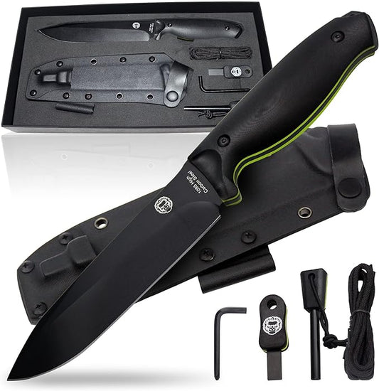 Holtzman's Gorilla Survival 'Fireline' Fixed Blade Hunting Knife with Sheath, Fire Starter Scraper & Paracord (Green)