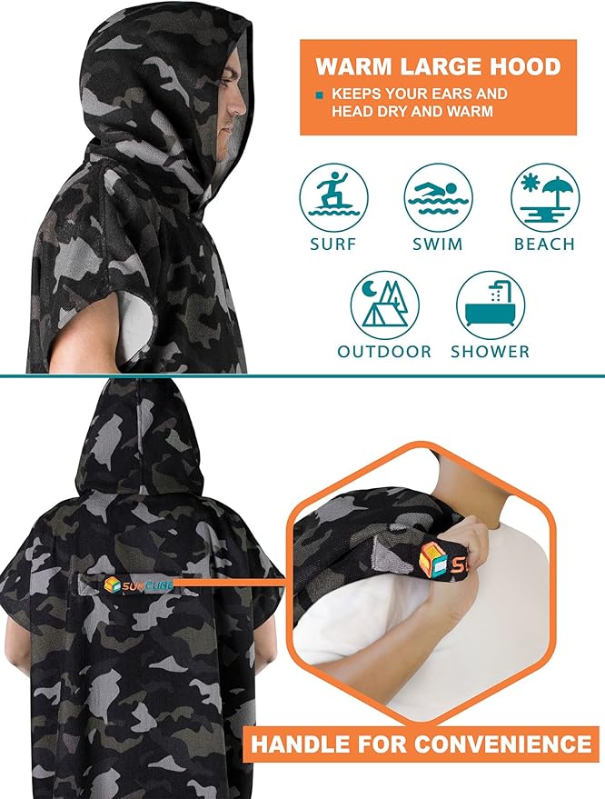 SUN CUBE Surf Poncho Changing Robe with Hood | Quick Dry Microfiber Wetsuit Changing Towel with Pocket for Surfing Men Women