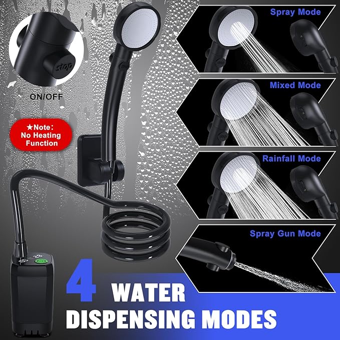 Portable Shower for Camping, [Long-Lasting] Spopal 6000mAh Rechargeable Camping Shower with Intelligent LED Display, 4 Spray Modes, IPX7 Waterproof Outdoor Shower Kit for Hiking, Travel, Car, Pet