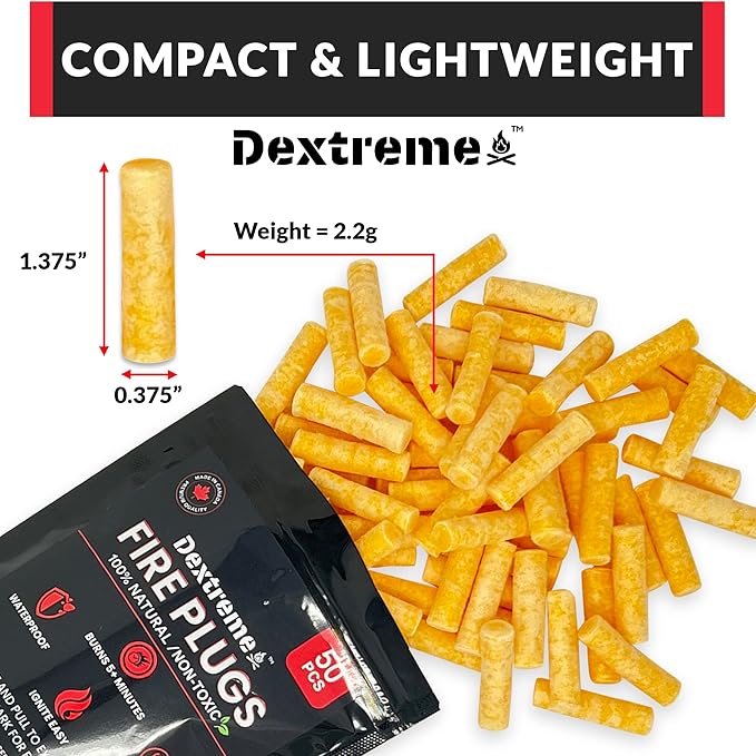 Dextreme Fire Plugs (200 Plugs) Waterproof Fire Starter for Campfires, Emergencies, Survival, Fire Pits, Grills | 5+ Minute Burn | All Natural | Made in North America