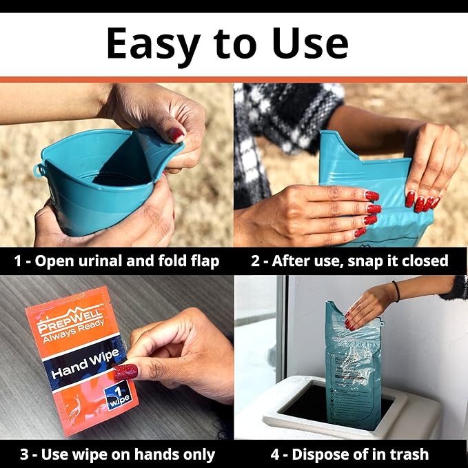 Prepwell Disposable Unisex Urinal Bags- Immediately Turns Urine into Gel with Super Absorbent Crystals to Prevent Spills- 6 Urinals with Hand Wipes Included