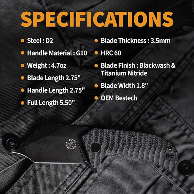 Off-Grid Knives - Raptor EDC Folding Knife with Tumbled Black D2 Steel, Grippy G10, Bearings, Deep Carry Left & Right, Hawkbill Tip, Stout Everyday Carry