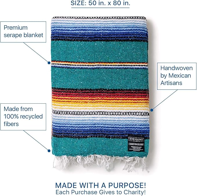 Premium Mexican Blanket, Authentic Hand Woven Falsa Blanket & Yoga Blanket | Made by Traditional Mexican Artisans, Perfect Saddle Blanket, Beach Blanket, Picnic Blanket, Car Blanket, Outdoor Blanket