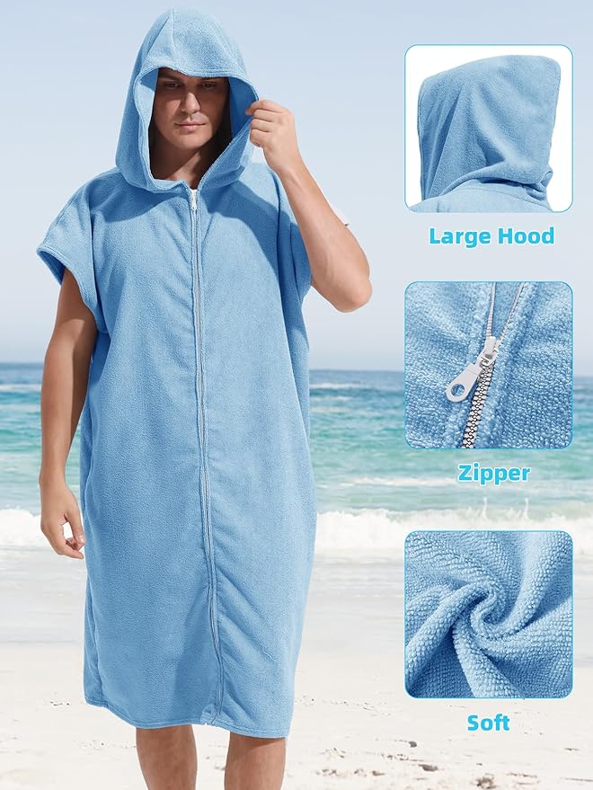 Surf Poncho Hooded Changing Towel Swim Robe with Zipper Plus Size Terry Cloth Swim Cover Up for Adults Men Women Towel Poncho Hoodie Surfing Accessories