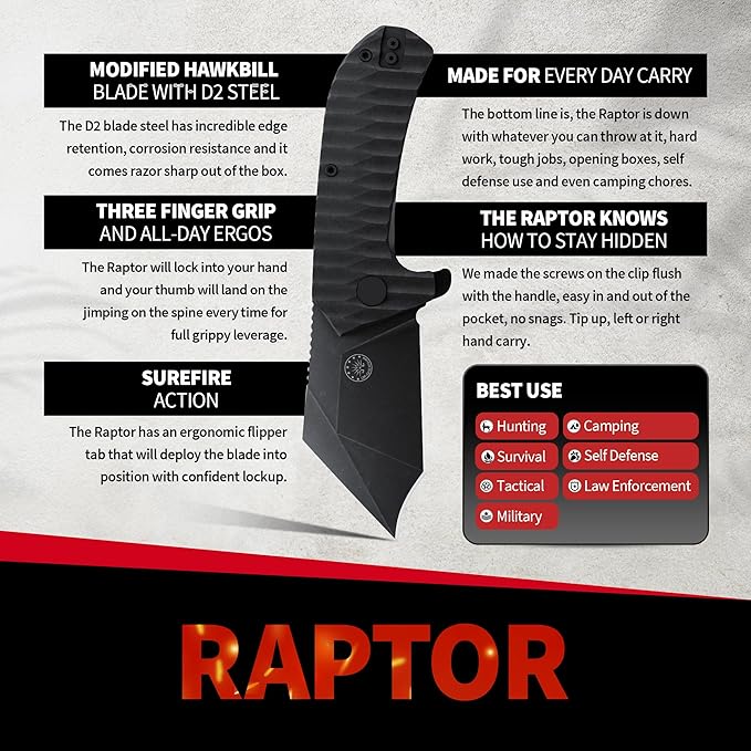 Off-Grid Knives - Raptor EDC Folding Knife with Tumbled Black D2 Steel, Grippy G10, Bearings, Deep Carry Left & Right, Hawkbill Tip, Stout Everyday Carry