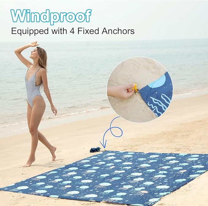 ISOPHO Beach Blanket Sand Proof, Pongee Picnic Blankets, Extra Large Beach Mat Quick Drying, Lightweight & Durable, Esentials for Outdoors, Travel, Beach Picnic, 79 x 87 Inches, Jellyfish Print