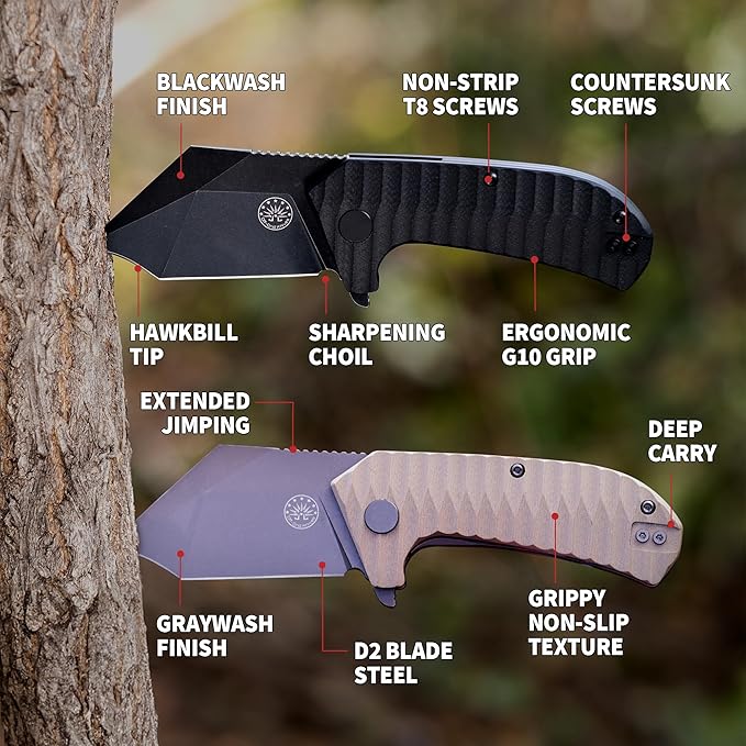 Off-Grid Knives - Raptor EDC Folding Knife with Tumbled Black D2 Steel, Grippy G10, Bearings, Deep Carry Left & Right, Hawkbill Tip, Stout Everyday Carry