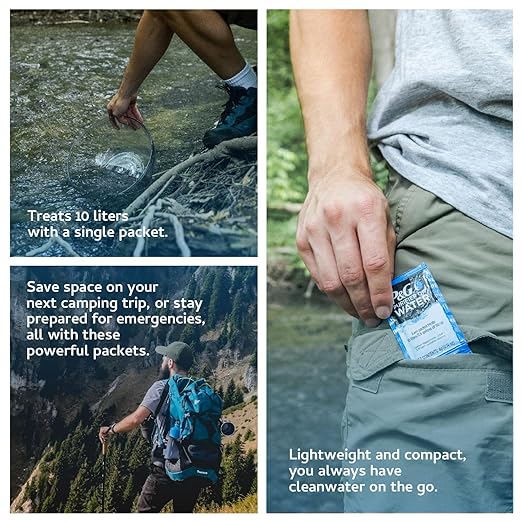 P&G Purifier of Water Portable Water Purifier Packets (Box of 240 Packets). Emergency Water Filter Purification Powder Packs for Camping, Hiking, Backpacking, Hunting, and Traveling.