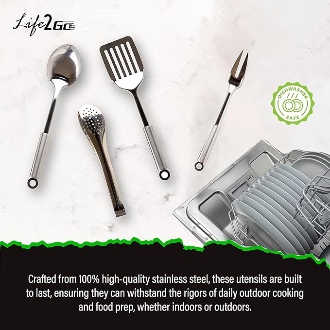 Camp Cooking Utensil Set & Outdoor Kitchen Gear Cookware Kit, Portable Compact Carry Case for Camping, Hiking, Travel, BBQ Grilling Stainless Steel Accessories Spoon & Fork