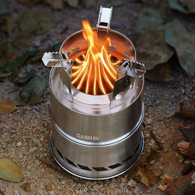 CANWAY Camping Stove, Wood Stove/Backpacking Survival Stove, Windproof Anti-Slip Portable Stainless Steel Wood Burning Stove with Nylon Carry Bag for Outdoor Backpacking Hiking Traveling Picnic BBQ