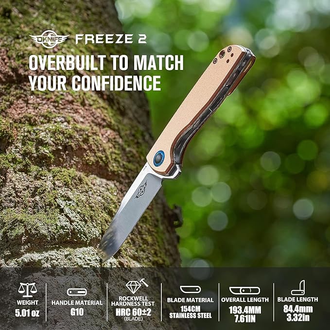 OKNIFE Freeze 2 EDC Folding Knife, Pocket Knife for Men 154CM Steel Blade Liner Lock Outdoor Knives Camping, Hiking (Copper)