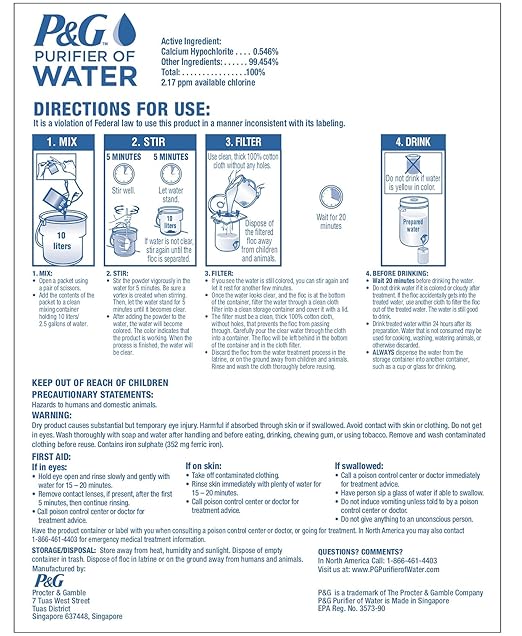 P&G Purifier of Water Portable Water Purifier Packets (Box of 240 Packets). Emergency Water Filter Purification Powder Packs for Camping, Hiking, Backpacking, Hunting, and Traveling.