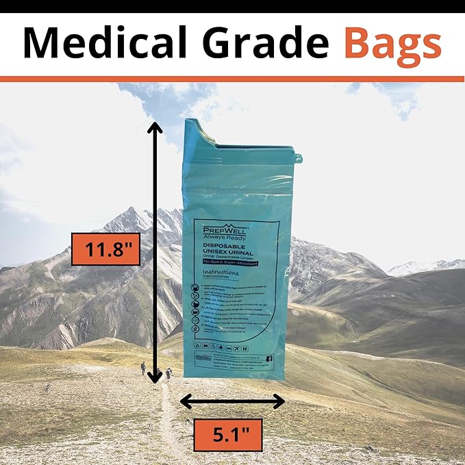 Prepwell Disposable Unisex Urinal Bags- Immediately Turns Urine into Gel with Super Absorbent Crystals to Prevent Spills- 6 Urinals with Hand Wipes Included