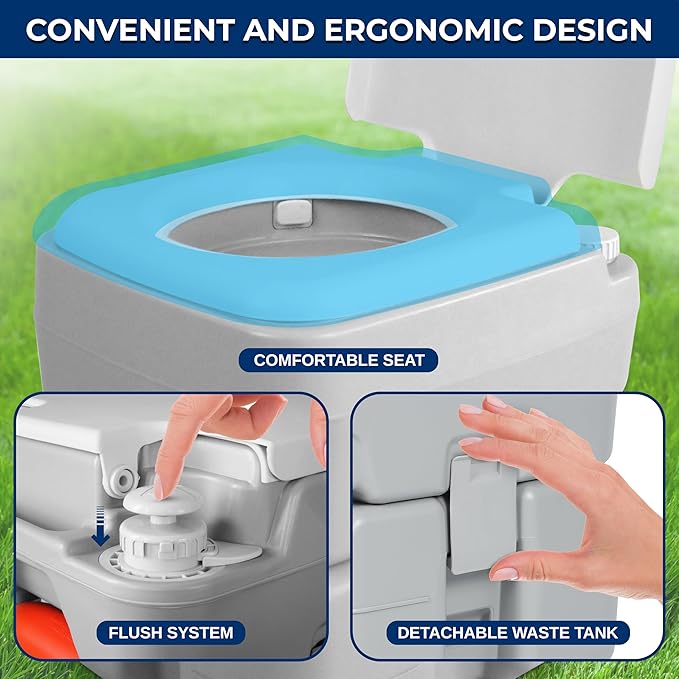 SereneLife Portable Toilet with Carry Bag – Indoor Outdoor Toilet with CHH Piston Pump & Level Indicator – 5.3 Gallon Large Waste Tank – 100-120 Flushes for RV, Camping, Hiking & Boating, SLCATL320