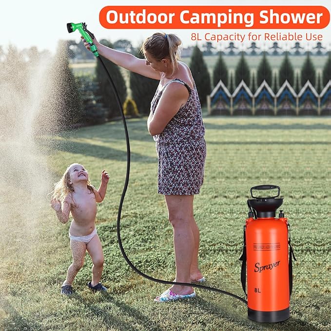 Finderomend 2.1 Gallon Portable Shower for Camping with 7 Spray Modes, Hand Press Camping Shower with Removable Hose and Shower Head,8L Pressure Rinse Kits for Hiking Traveling Garden Beach Pet Shower