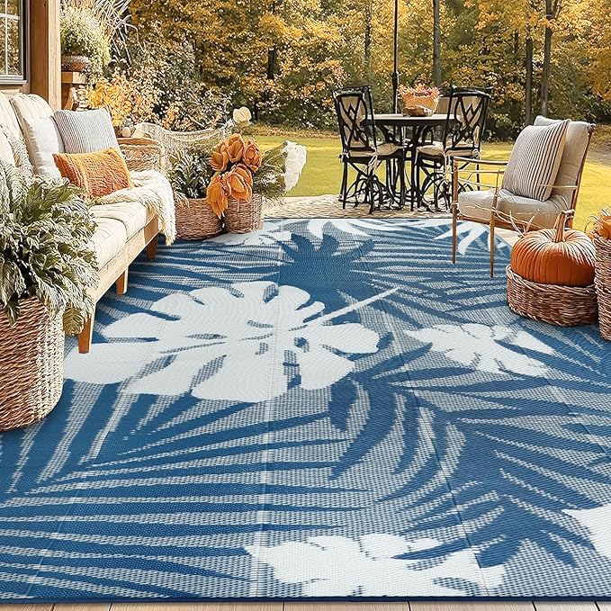 Homcomoda Outdoor Rugs 9’x12’ Waterproof Reversible Patio Rugs Outdoor Clearance Lightweight Outdoor Rugs Portable RV Camping Mats for Tents Deck Porch BBQ Beach Backyard