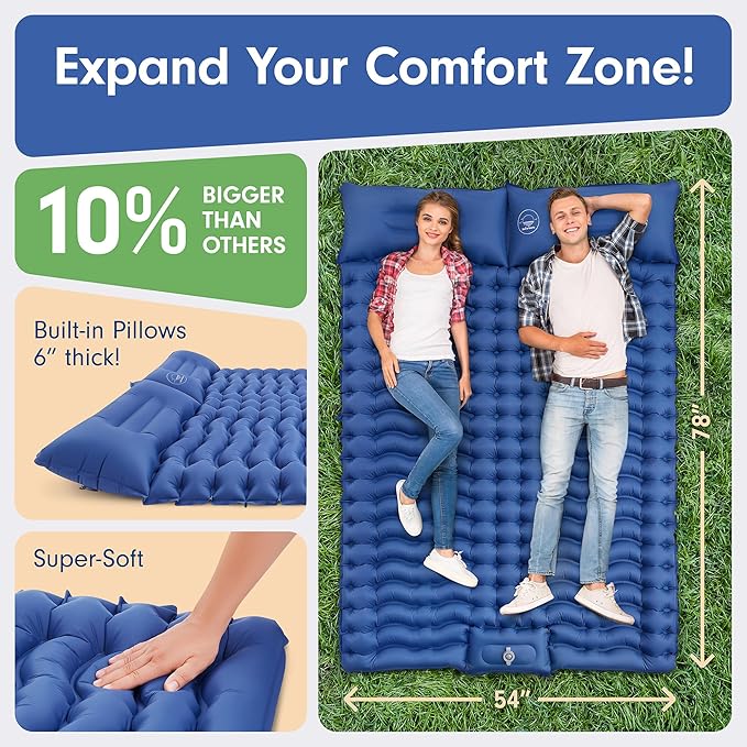 Double Sleeping Pad Extra Big 78”x54” - Camping Mattress 2 Person, Thick Blow Up Mattress w/ 6” Thick Sleeping Pads Camping Pillows - Camping Mat for up to 800 lb - Repair Patches Included